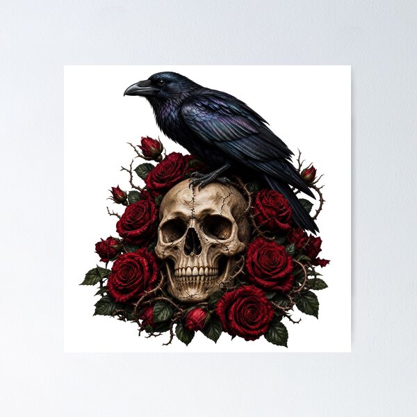 Item preview, Gothic Raven on Skull with Red Roses designed and sold by FrozenPolarBear.