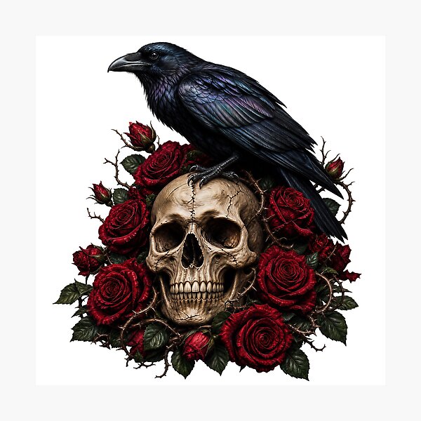 Item preview, Gothic Raven on Skull with Red Roses designed and sold by FrozenPolarBear.