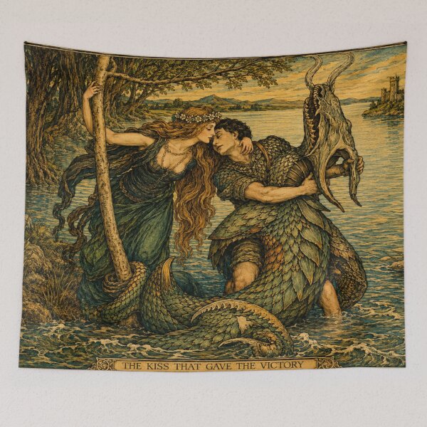 Item preview, Dragon Slayer -  Medieval Fantasy Mermaid Kiss Art Print for Mythology Lovers designed and sold by RickE.