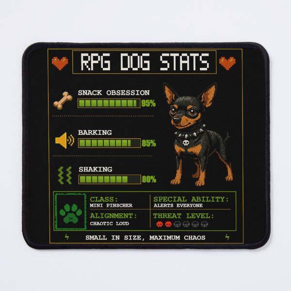 Item preview, Funny Miniature Pinscher RPG Stats Retro Gamer Dog designed and sold by PixelBlob.