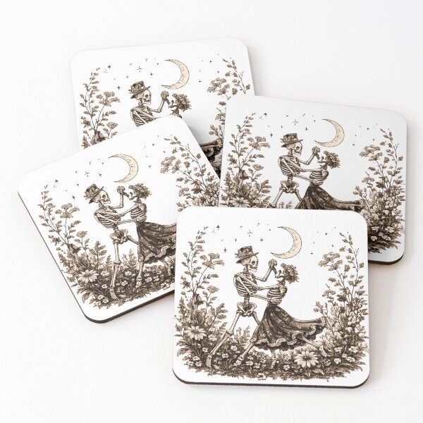 Item preview, Skeleton Couple Dancing Botanical Linocut Art designed and sold by VGAfanatic.