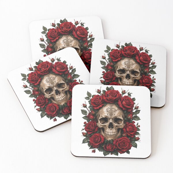 Item preview, Ornate Floral Skull with Dark Red Roses designed and sold by FrozenPolarBear.