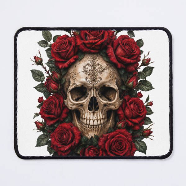 Item preview, Ornate Floral Skull with Dark Red Roses designed and sold by FrozenPolarBear.