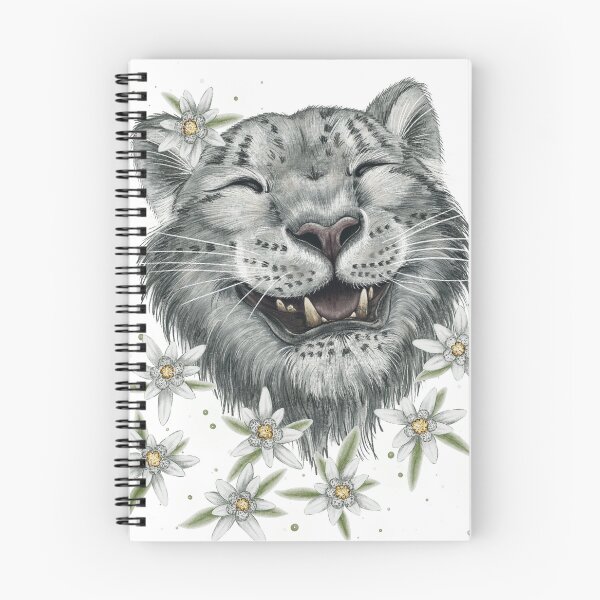 Item preview, A funny, cheerful, happy snow leopard amidst flowers; animal conservation, wildlife, edelweiss flowers, mountains, Kazakhstan. designed and sold by ArtbySvetik.
