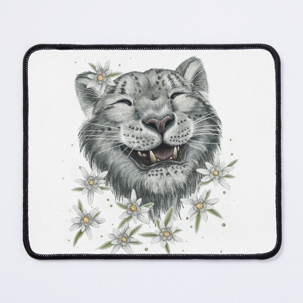 Item preview, A funny, cheerful, happy snow leopard amidst flowers; animal conservation, wildlife, edelweiss flowers, mountains, Kazakhstan. designed and sold by ArtbySvetik.