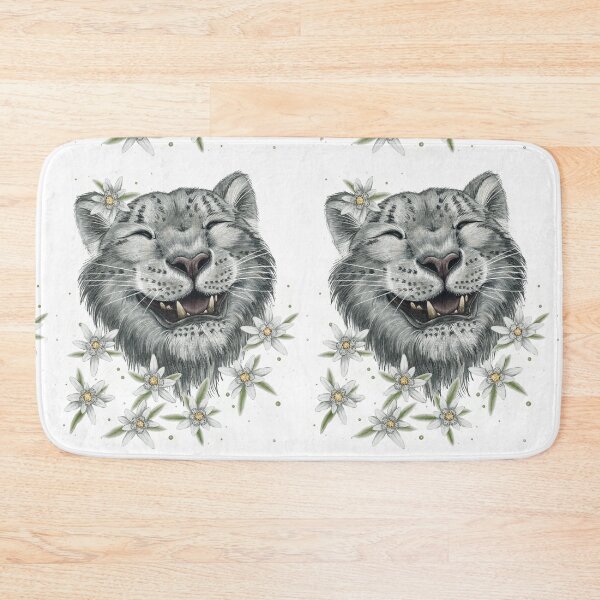 Item preview, A funny, cheerful, happy snow leopard amidst flowers; animal conservation, wildlife, edelweiss flowers, mountains, Kazakhstan. designed and sold by ArtbySvetik.
