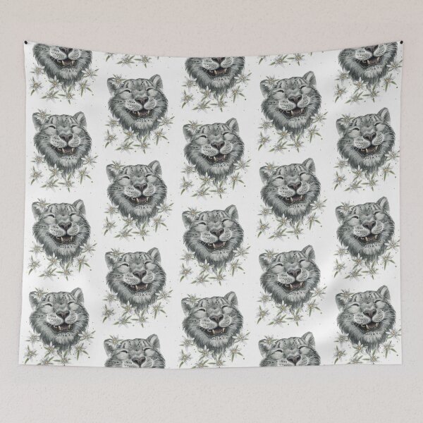Item preview, A funny, cheerful, happy snow leopard amidst flowers; animal conservation, wildlife, edelweiss flowers, mountains, Kazakhstan. designed and sold by ArtbySvetik.