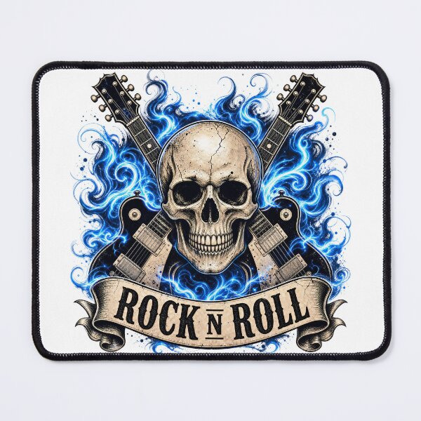 Item preview, Rock and Roll Skull with Crossed Guitars and Blue Flames designed and sold by FrozenPolarBear.