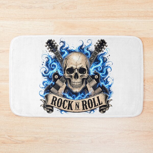 Item preview, Rock and Roll Skull with Crossed Guitars and Blue Flames designed and sold by FrozenPolarBear.