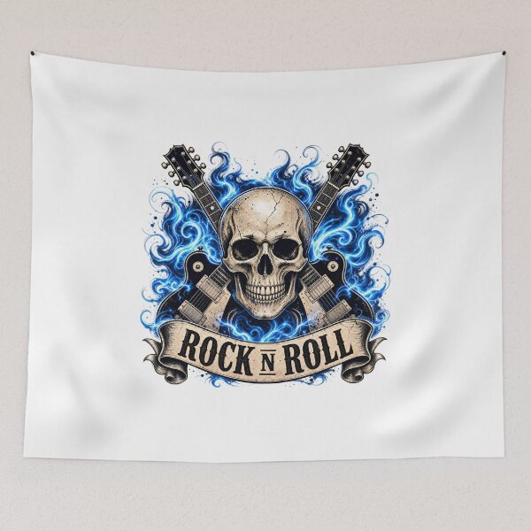 Item preview, Rock and Roll Skull with Crossed Guitars and Blue Flames designed and sold by FrozenPolarBear.