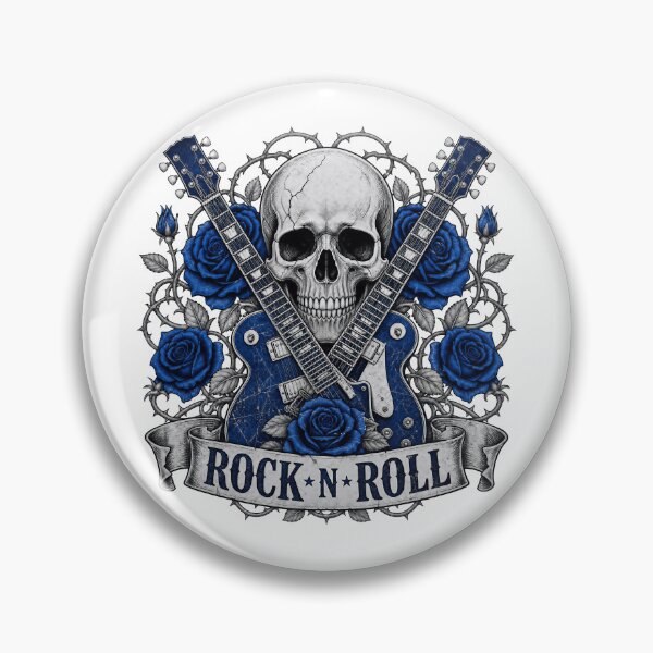Item preview, Rock and Roll Skull with Blue Guitars and Roses designed and sold by FrozenPolarBear.