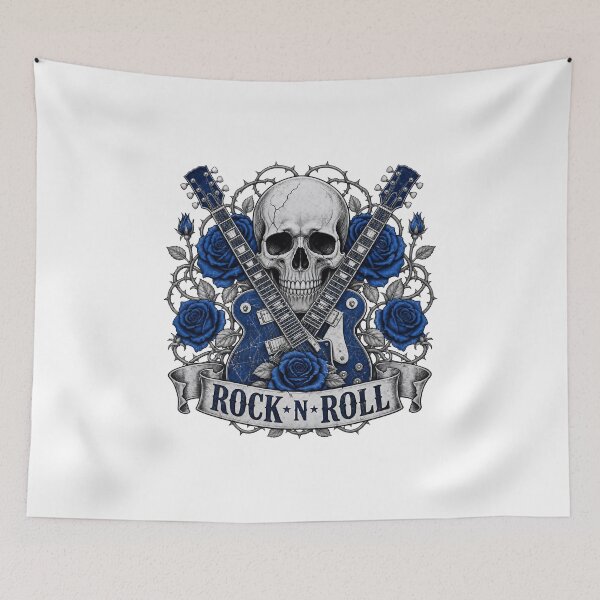 Item preview, Rock and Roll Skull with Blue Guitars and Roses designed and sold by FrozenPolarBear.