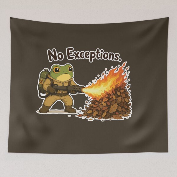 Item preview, No Exceptions Funny Frog Sticker – Flamethrower Leaf Cleanup designed and sold by SimplePoDesign.