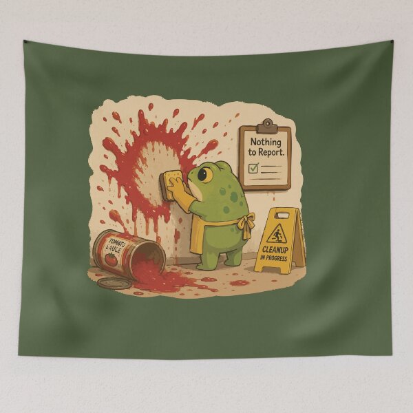 Item preview, Nothing to Report Funny Cleaner Frog Sticker – Tomato Sauce Cleanup designed and sold by SimplePoDesign.