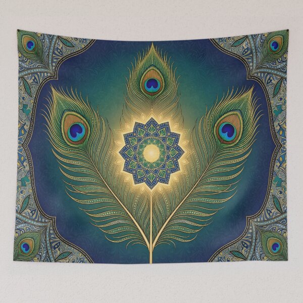 Item preview, Radiant Peacock Feather Sacred Mandala | Boho Spiritual Art | Elegant Blue & Gold Wall Art designed and sold by DreamyWallVibes.