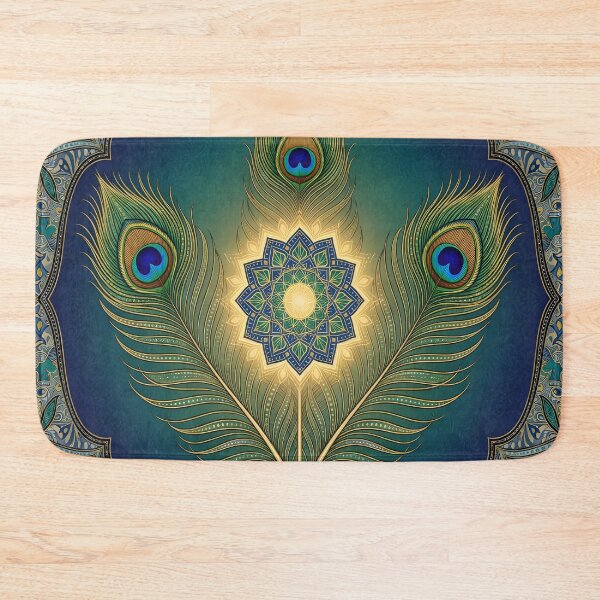 Item preview, Radiant Peacock Feather Sacred Mandala | Boho Spiritual Art | Elegant Blue & Gold Wall Art designed and sold by DreamyWallVibes.