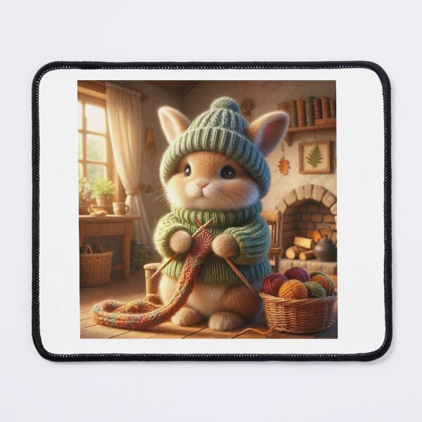 Item preview, Cozy Bunny Knitting by the Fireplace | Woodland Cottagecore Animal | Warm Storybook Illustration designed and sold by vigzhifushions.