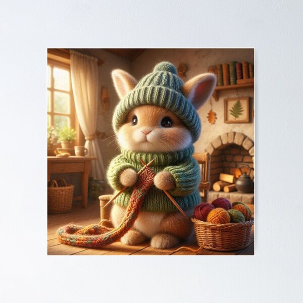 Item preview, Cozy Bunny Knitting by the Fireplace | Woodland Cottagecore Animal | Warm Storybook Illustration designed and sold by vigzhifushions.