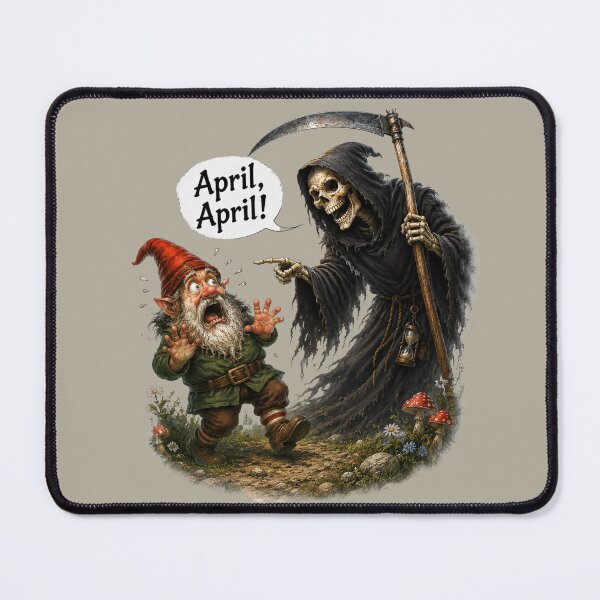 Item preview, April, April! Terrified Gnome Meets Grim Reaper – Funny German April Fool Joke designed and sold by Alpine-Ink.