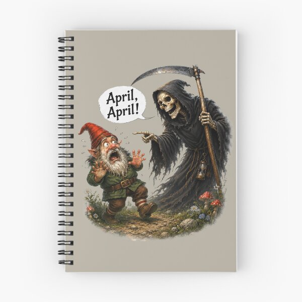 Item preview, April, April! Terrified Gnome Meets Grim Reaper – Funny German April Fool Joke designed and sold by Alpine-Ink.