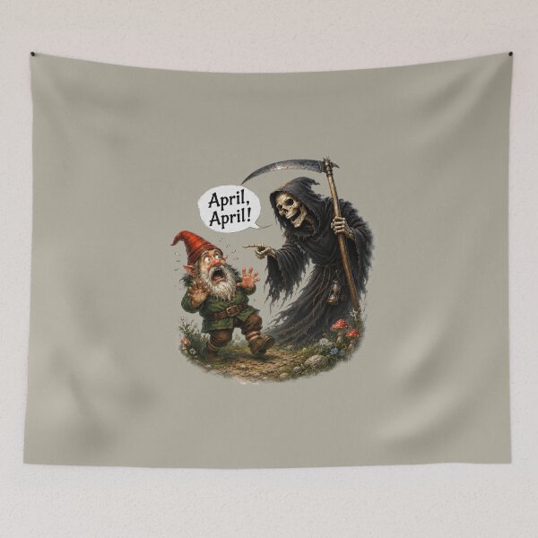 Item preview, April, April! Terrified Gnome Meets Grim Reaper – Funny German April Fool Joke designed and sold by Alpine-Ink.