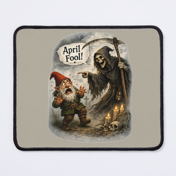 Item preview, April Fool! Funny Grim Reaper and Scared Garden Gnome Fantasy T-Shirt Design designed and sold by Alpine-Ink.