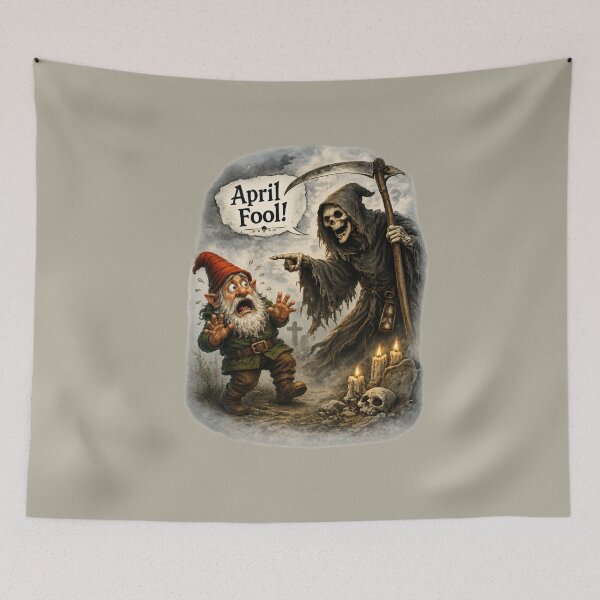 Item preview, April Fool! Funny Grim Reaper and Scared Garden Gnome Fantasy T-Shirt Design designed and sold by Alpine-Ink.