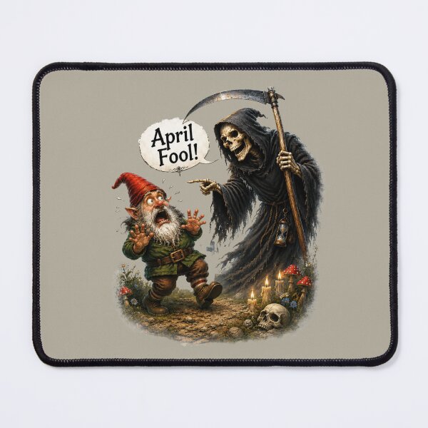 Item preview, April Fool! Scared Garden Gnome and Grim Reaper Funny Dark Humor Fantasy Art designed and sold by Alpine-Ink.