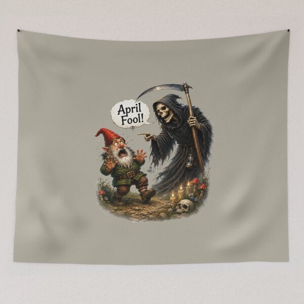 Item preview, April Fool! Scared Garden Gnome and Grim Reaper Funny Dark Humor Fantasy Art designed and sold by Alpine-Ink.