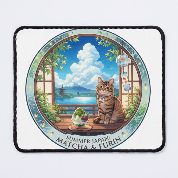 Item preview, Mugi's Summer Window: Japanese Cat with Matcha & Furin designed and sold by Cocotaka5.