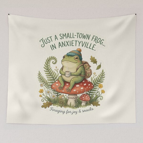 Item preview, Just a Small-Town Frog in Anxietyville - Cute Cottagecore Frog with Tea and Backpack designed and sold by Lu7u.