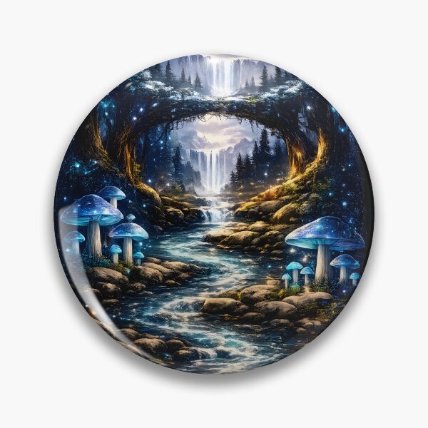 Item preview, Blue Enchanted Forest Waterfall | Magical Moonlight Fantasy Landscape with Glowing Blue Mushrooms designed and sold by Masora.studio.