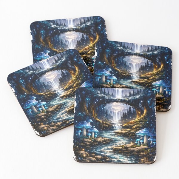 Item preview, Blue Enchanted Forest Waterfall | Magical Moonlight Fantasy Landscape with Glowing Blue Mushrooms designed and sold by Masora.studio.