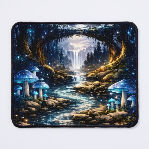 Item preview, Blue Enchanted Forest Waterfall | Magical Moonlight Fantasy Landscape with Glowing Blue Mushrooms designed and sold by Masora.studio.