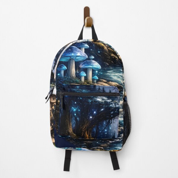 Item preview, Blue Enchanted Forest Waterfall | Magical Moonlight Fantasy Landscape with Glowing Blue Mushrooms designed and sold by Masora.studio.