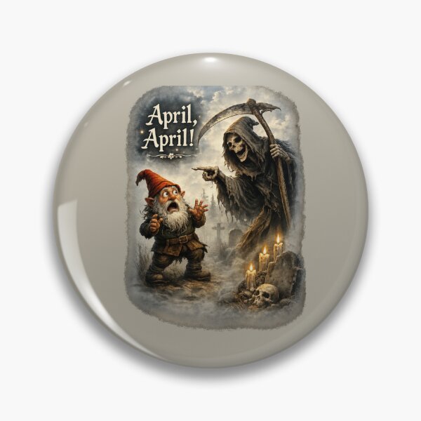 Item preview, April, April! Terrified Gnome Meets the Grim Reaper – Funny German April Fool Fantasy designed and sold by Alpine-Ink.
