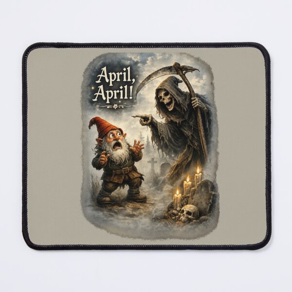 Item preview, April, April! Terrified Gnome Meets the Grim Reaper – Funny German April Fool Fantasy designed and sold by Alpine-Ink.