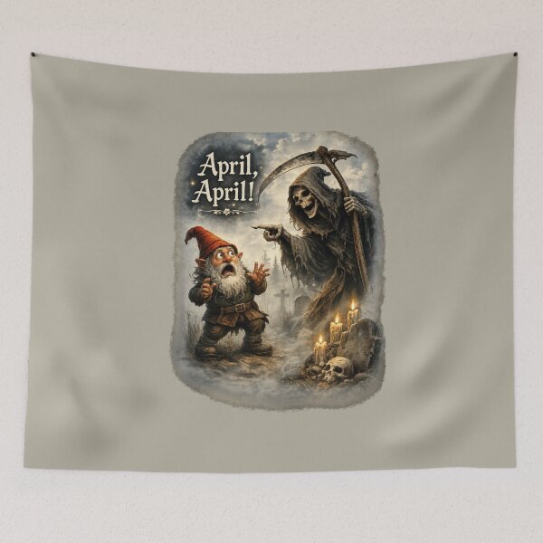 Item preview, April, April! Terrified Gnome Meets the Grim Reaper – Funny German April Fool Fantasy designed and sold by Alpine-Ink.