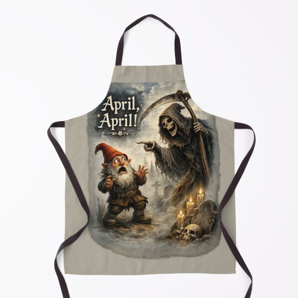Item preview, April, April! Terrified Gnome Meets the Grim Reaper – Funny German April Fool Fantasy designed and sold by Alpine-Ink.