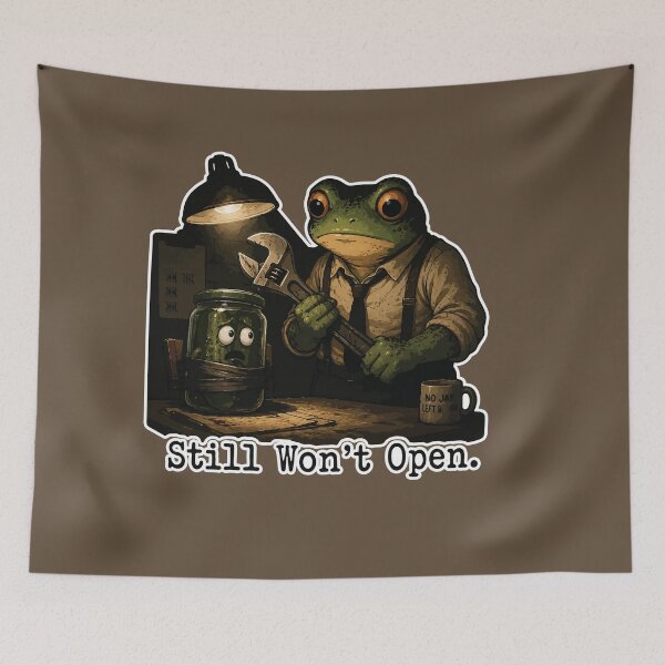 Item preview, Still Won't Open Frog Sticker – Funny Pickle Jar Crime Scene Cartoon designed and sold by SimplePoDesign.