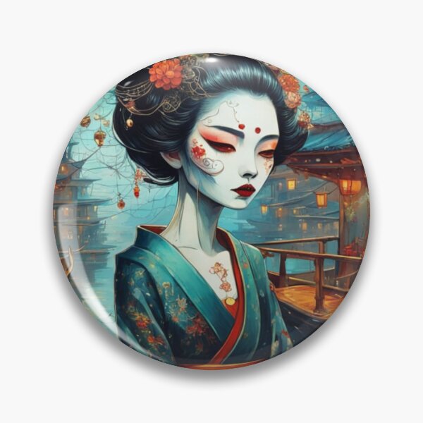 Item preview, Halloween geisha in a boat with a cat, fantasy art Asian woman,skull,  designed and sold by Coolparrotgirl.
