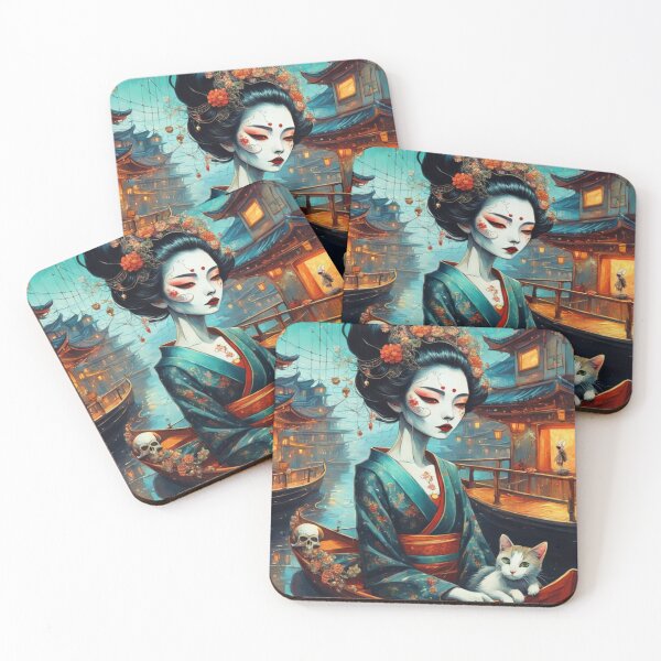 Artikelvorschau, Halloween-Geisha in einem Boot mit Katze, Fantasy-Kunst: Asiatische Frau, Totenkopf entworfen und verkauft von Coolparrotgirl.