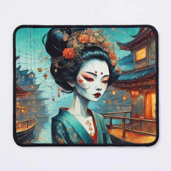 Item preview, Halloween geisha in a boat with a cat, fantasy art Asian woman,skull,  designed and sold by Coolparrotgirl.