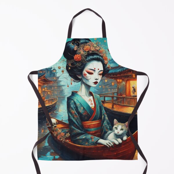 Item preview, Halloween geisha in a boat with a cat, fantasy art Asian woman,skull, designed and sold by Coolparrotgirl.