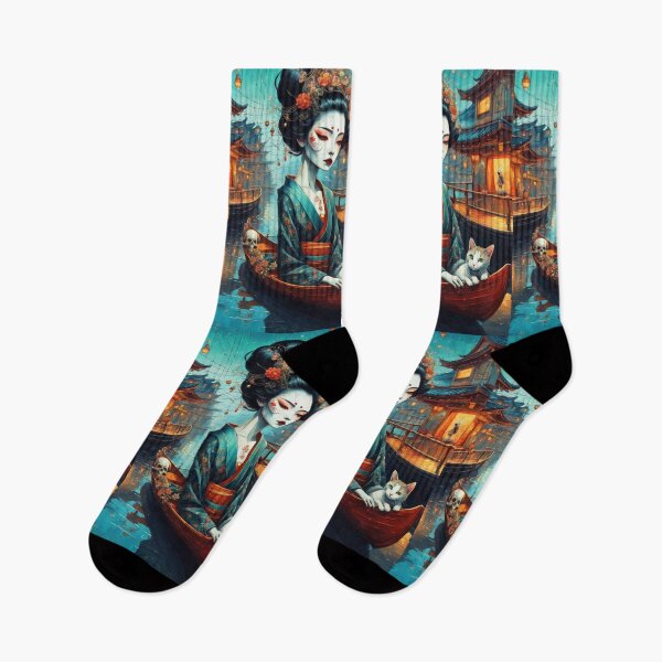 Item preview, Halloween geisha in a boat with a cat, fantasy art Asian woman,skull,  designed and sold by Coolparrotgirl.
