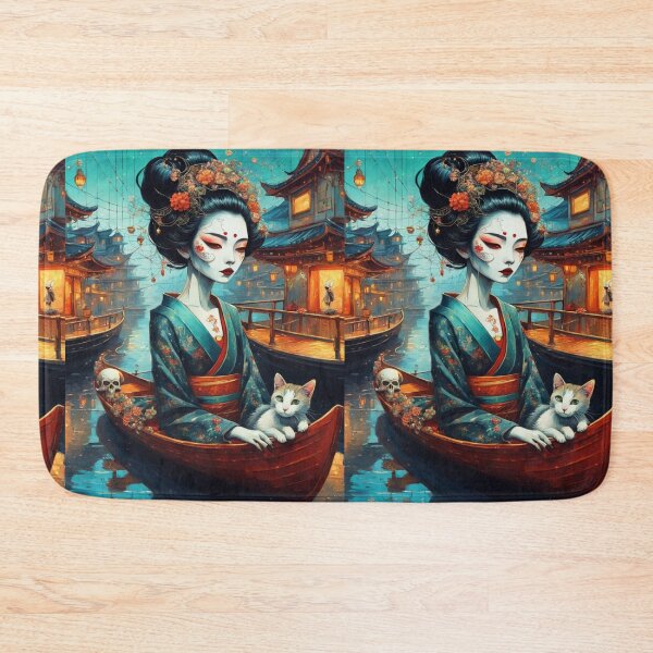 Item preview, Halloween geisha in a boat with a cat, fantasy art Asian woman,skull,  designed and sold by Coolparrotgirl.