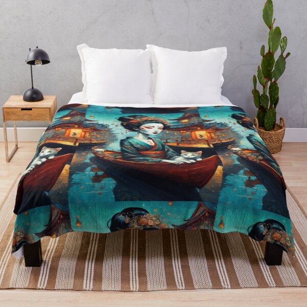 Item preview, Halloween geisha in a boat with a cat, fantasy art Asian woman,skull, designed and sold by Coolparrotgirl.