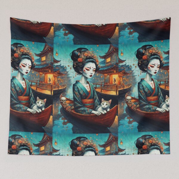 Item preview, Halloween geisha in a boat with a cat, fantasy art Asian woman,skull,  designed and sold by Coolparrotgirl.