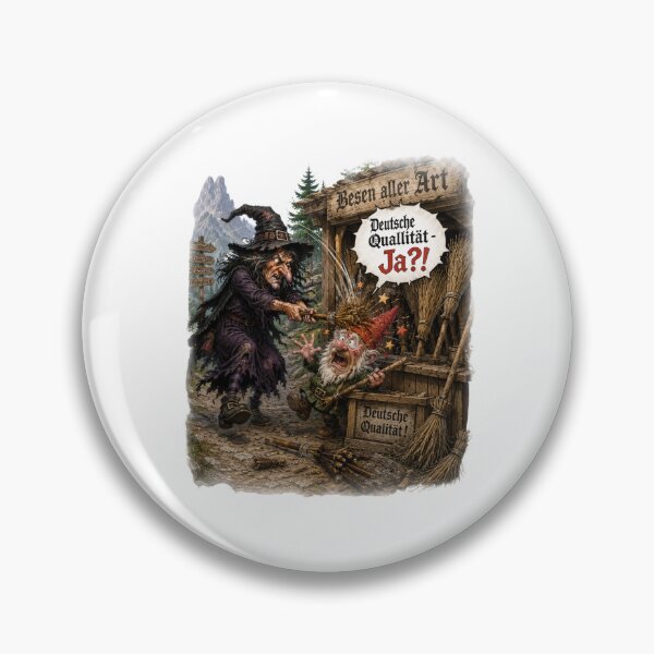 Item preview, Angry Witch vs Gnome Broom Seller – "Deutsche Qualität?!" designed and sold by Alpine-Ink.