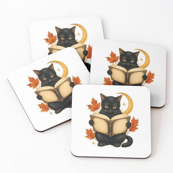 Item preview, Black Cat Reading Under a Crescent Moon designed and sold by Freshloop Studio | Whimsical Vintage Art.